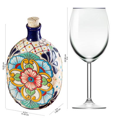 Ceramic tequila decanter, 'Floral Festivities' - Oval Multi-Color Talavera Style Ceramic Tequila Decanter