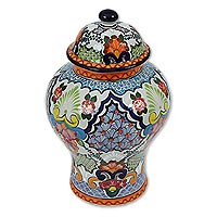 Ceramic decorative jar, 'Talavera Colors' - Colorful Talavera Ceramic Decorative Jar from Mexico