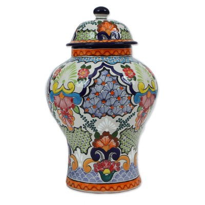 Ceramic decorative jar, 'Talavera Colors' - Colorful Talavera Ceramic Decorative Jar from Mexico