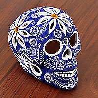 Ceramic figurine, 'Skull of White Flowers' - Floral Blue Ceramic Skull Figurine from Mexico