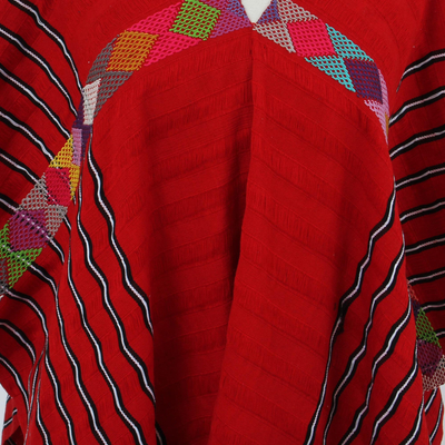 Cotton poncho, 'Claret Artistry' - Handwoven Cotton Poncho in Claret from Mexico