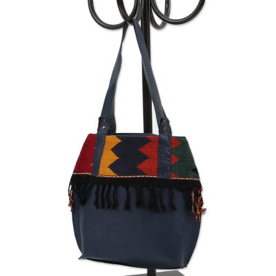 Leather shoulder and cosmetic bag, 'Bohemian Zigzag in Navy' (pair) - Zigzag Navy Leather Shoulder and Cosmetic Bag (Pair)