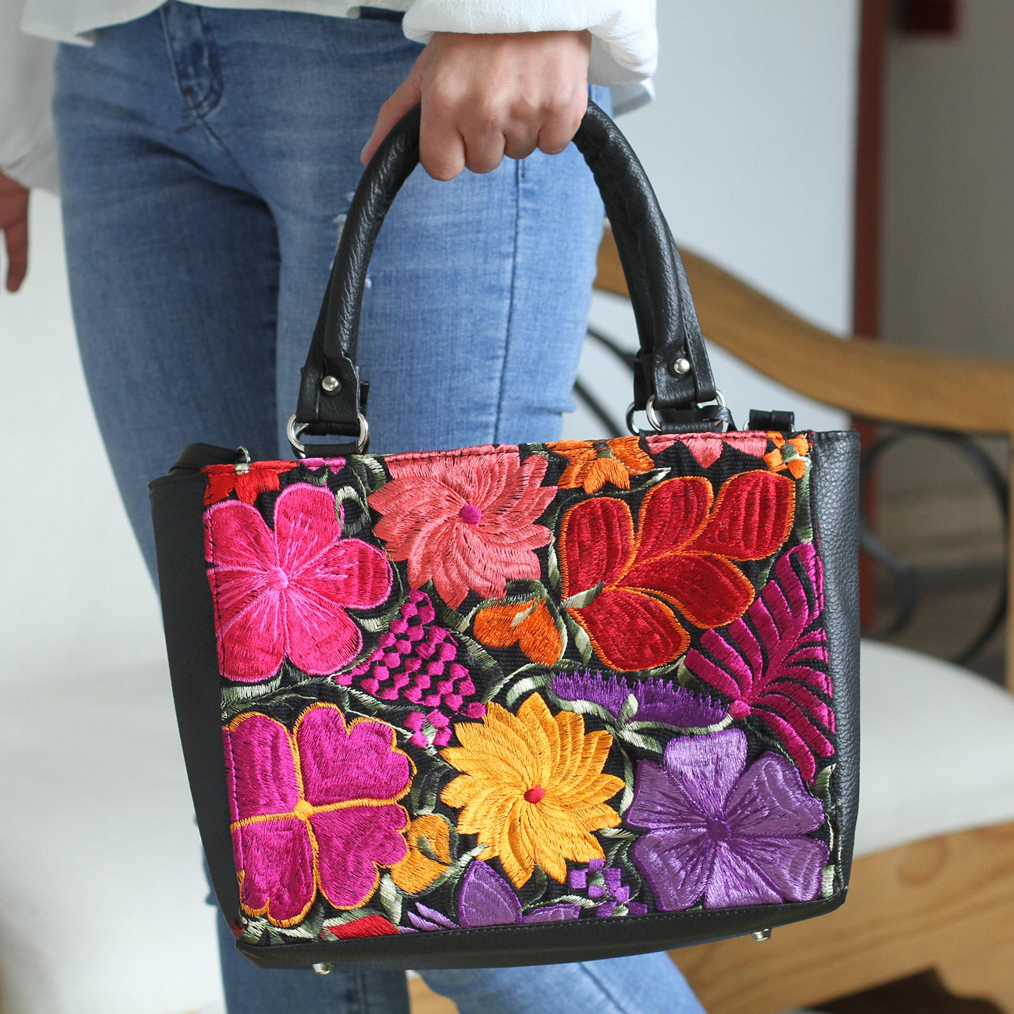 Floral Cotton Accent Leather Handbag 