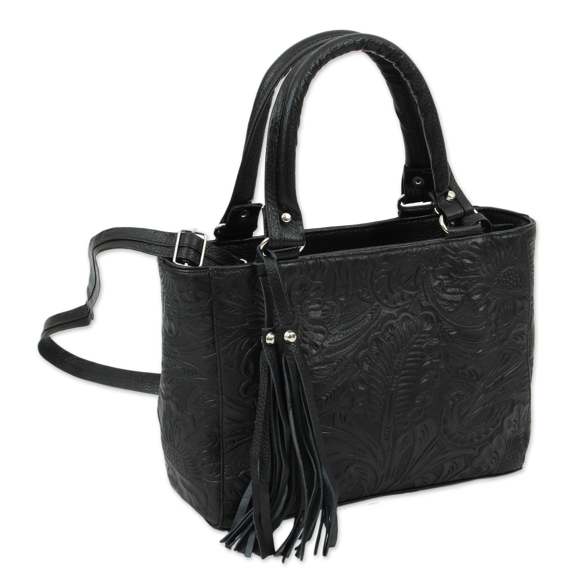 Floral Embossed Leather Shoulder Bag in Black from Mexico, 'Flower Carrier  in Black
