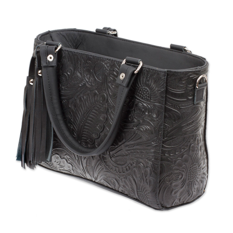 Eileen West Leather Floral Embossed Shoulder Bag Purse Black  Black Floral Embossed Leather Shoulder Bag display picture 1