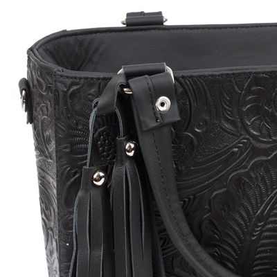 Floral Embossed Leather Shoulder Bag in Black from Mexico - Flower