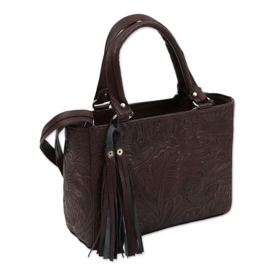 Tooled leather handbag, 'Exquisite Garden' - Hand Tooled Dark Brown Leather Handbag