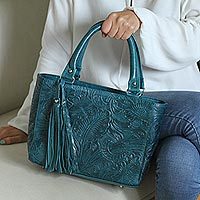 Leather shoulder bag, 'Flower Carrier in Teal' - Floral Leather Shoulder Bag in Teal from Mexico