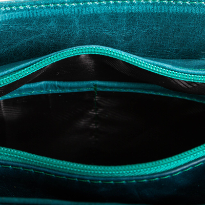 Leather shoulder bag, 'Flower Carrier in Teal' - Floral Leather Shoulder Bag in Teal from Mexico