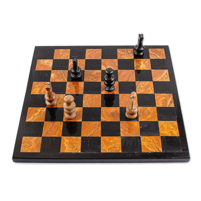 Marble chess set, 'Earthen Challenge' - Brown and Black Marble Chess Set Crafted in Mexico
