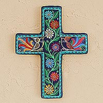 Floral and Bird-Themed Ceramic Wall Cross from Mexico, 'Vibrant Faith'