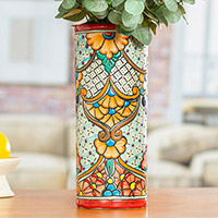 Ceramic vase, 'Mexico Colors' - Handcrafted Floral Talavera-Style Ceramic Vase from Mexico