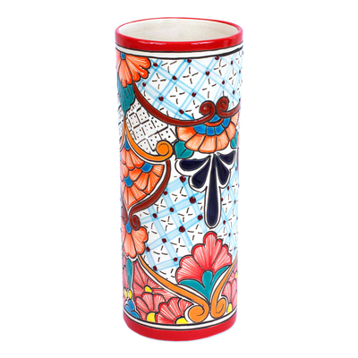 Handcrafted Floral Talavera-Style Ceramic Vase from Mexico