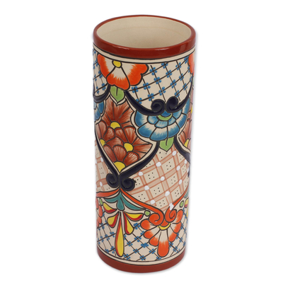 Hand-Painted Floral Talavera Ceramic Vase from Mexico