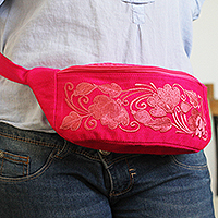 Cotton waist bag, 'Floral Traveler' - Embroidered Floral Cotton Waist Bag from Mexico