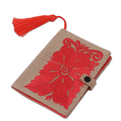 Floral Embroidered Cotton Passport Wallet in Deep Rose
