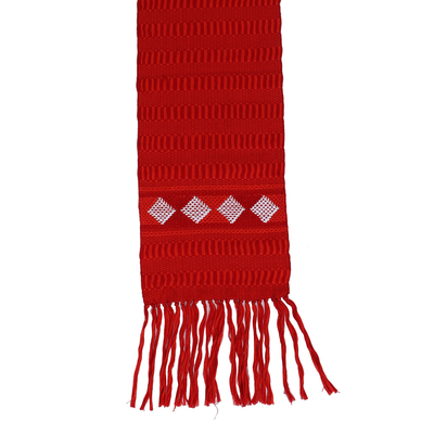 Cotton scarf, 'Crimson Mystery' - Geometric Cotton Wrap Scarf in Crimson from Mexico