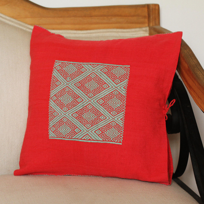 Cotton cushion cover, 'Turquoise Labyrinth' - Geometric Cotton Cushion Cover in Turquoise and Crimson