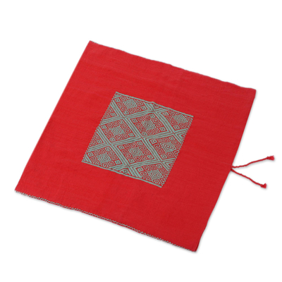 Cotton cushion cover, 'Turquoise Labyrinth' - Geometric Cotton Cushion Cover in Turquoise and Crimson