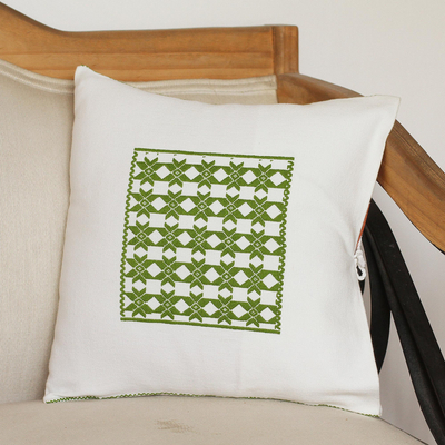 Cotton cushion cover, 'Tantalizing Geometry' - Geometric Cotton Cushion Cover in Avocado and White