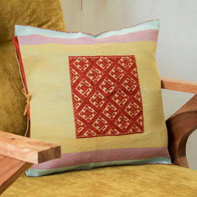 Cotton cushion cover, 'Sweet Geometry' - Geometric Cotton Cushion Cover in Ochre from Mexico