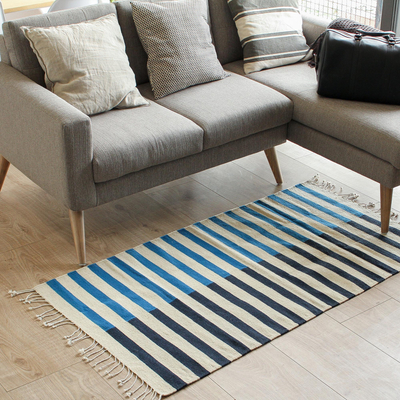 Zapotec wool area rug, 'Blue Bars' (2.5x5) - Striped Zapotec Wool Area Rug from Mexico (2.5x5)