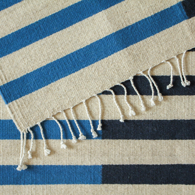 Zapotec wool area rug, 'Blue Bars' (2.5x5) - Striped Zapotec Wool Area Rug from Mexico (2.5x5)