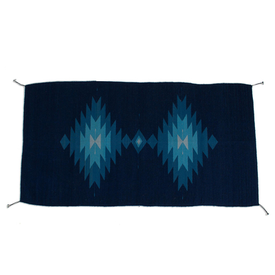 Geometric Zapotec Wool Area Rug in Blue from Mexico (2.5x5)