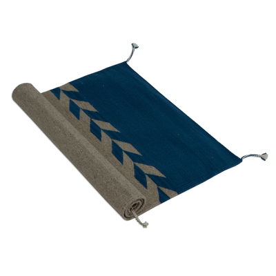Wool area rug, 'Under the Sea' (2x3) - Wool Area Rug in Azure and Khaki from Mexico (2x3)