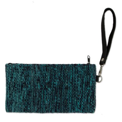 Leather Accented Wool Wristlet in Navy and Aqua