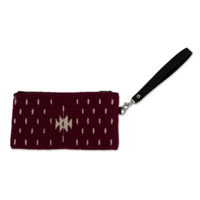 Handwoven Leather Accented Wool Wristlet in Burgundy