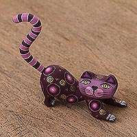 Wood alebrije figurine, 'Curiosity Cousin in Purple' - Handcrafted Purple Wood Alebrije Playful Cat Figurine