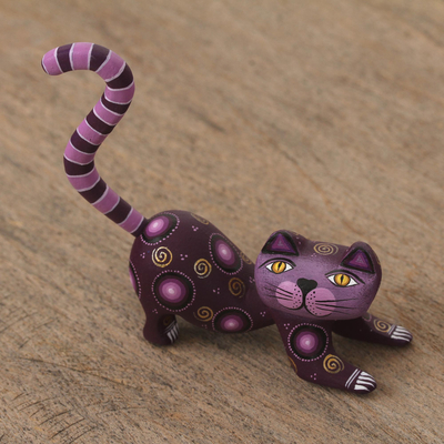 Wood alebrije figurine, 'Curiosity Cousin in Purple' - Handcrafted Purple Wood Alebrije Playful Cat Figurine