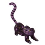 Wood alebrije figurine, 'Curiosity Cousin in Purple' - Handcrafted Purple Wood Alebrije Playful Cat Figurine