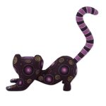 Wood alebrije figurine, 'Curiosity Cousin in Purple' - Handcrafted Purple Wood Alebrije Playful Cat Figurine