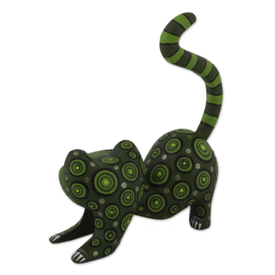 Wood alebrije figurine, 'Curiosity Cousin in Green' - Handcrafted Green Wood Alebrije Playful Cat Figurine