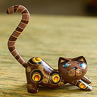 Wood alebrije figurine, 'Curiosity Cousin in Brown' - Handcrafted Brown Wood Alebrije Playful Cat Figurine