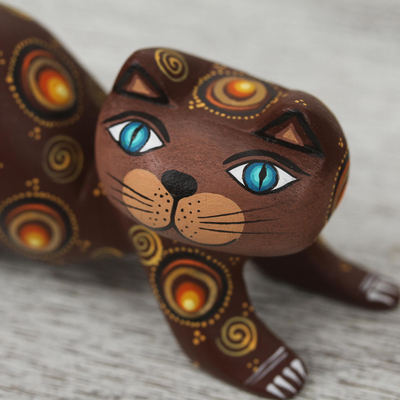 Wood alebrije figurine, 'Curiosity Cousin in Brown' - Handcrafted Brown Wood Alebrije Playful Cat Figurine