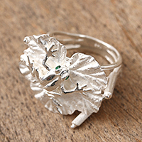 Sterling silver cocktail ring, 'Frog on a Leaf' - Sterling Silver Frog and Leaf Cocktail Ring from Mexico