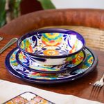 Ceramic salad plates, 'Raining Flowers' (pair) - Talavera Ceramic Salad Plates from Mexico (Pair)