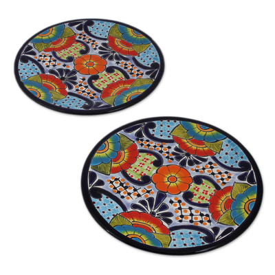 Ceramic salad plates, 'Raining Flowers' (pair) - Talavera Ceramic Salad Plates from Mexico (Pair)