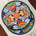 Ceramic salad plates, 'Raining Flowers' (pair) - Talavera Ceramic Salad Plates from Mexico (Pair)