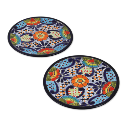 Ceramic dessert plates, 'Raining Flowers' (pair) - Talavera Ceramic Dessert Plates from Mexico (Pair)