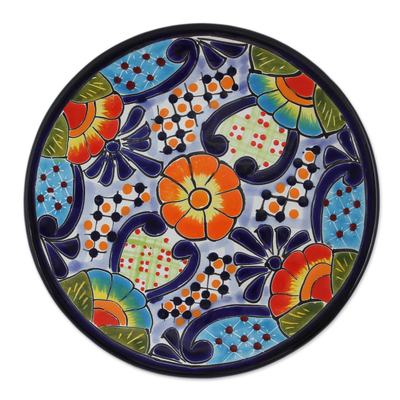 Ceramic dessert plates, 'Raining Flowers' (pair) - Talavera Ceramic Dessert Plates from Mexico (Pair)