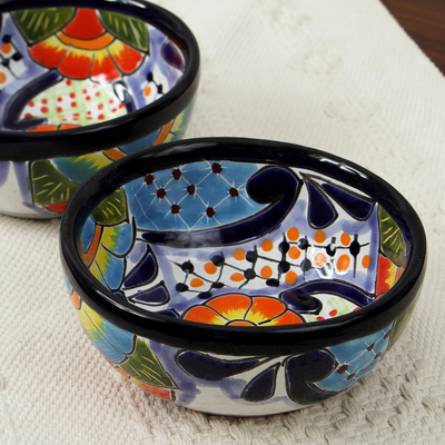 Ceramic condiment bowls, 'Raining Flowers' (pair) - Talavera Ceramic Condiment Bowls from Mexico (Pair)