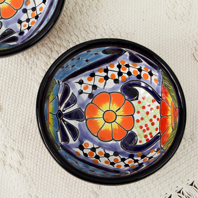 Ceramic condiment bowls, 'Raining Flowers' (pair) - Talavera Ceramic Condiment Bowls from Mexico (Pair)