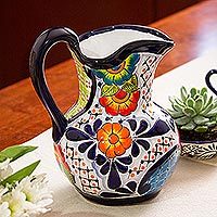 Ceramic pitcher, 'Raining Flowers' - Hand-Painted Talavera Style Ceramic Pitcher from Mexico