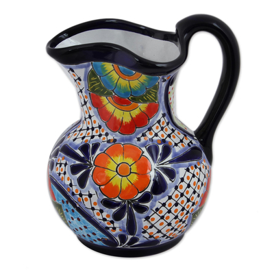 Hand-Painted Talavera Style Ceramic Pitcher from Mexico