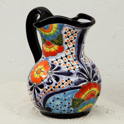 Ceramic pitcher, 'Raining Flowers' - Hand-Painted Talavera Style Ceramic Pitcher from Mexico