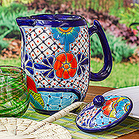 Keramik-Kaffeekanne, „Raining Flowers“ – handbemalte Keramik-Kaffeekanne im Talavera-Stil aus Mexiko